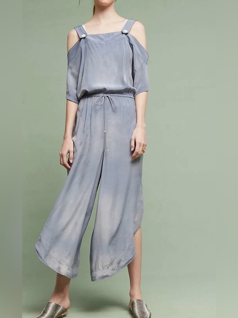 Saturday Sunday by Anthropologie Blue Cold-Shoulder Wide-Leg Jumpsuit - Size S